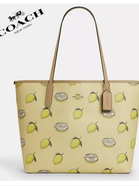 Coach Handbags - NWOT Coach Lemon-Print Tote in Pale Yellow with Tan Trim